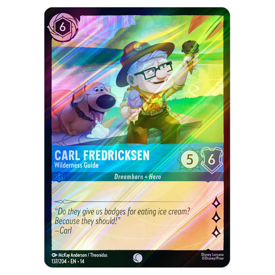 Carl Fredricksen – Wilderness Guide 137/204 card from the Lorcana set Hyperia City