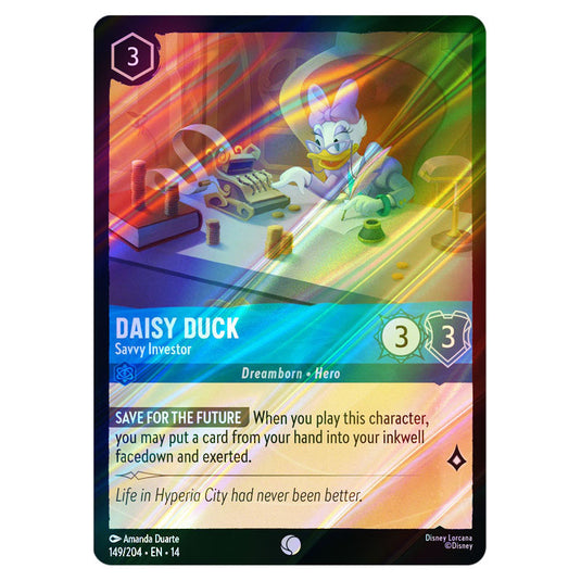 Daisy Duck – Savvy Investor 149/204 card from the Lorcana set Hyperia City