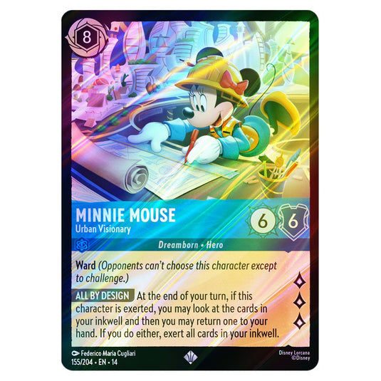 Minnie Mouse – Urban Visionary 155/204 card from the Lorcana set Hyperia City