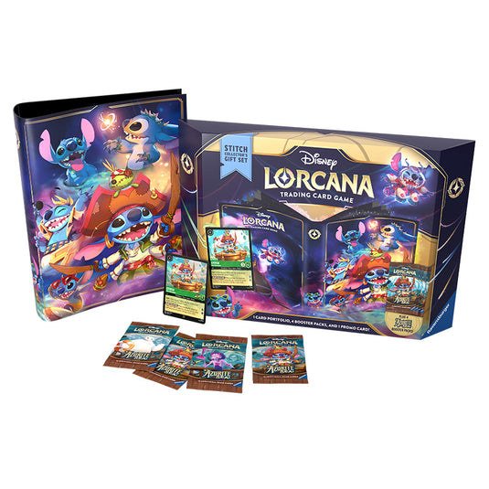 This is a shot of the Lorcana Azrute Sea Gift Set Contents. You can see an assortment of Booster Packs, a Stitch Card Folder and a Pirate Stitch Promo Card