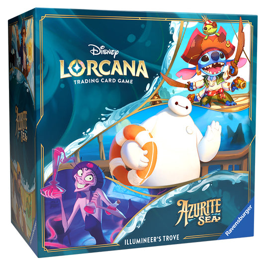 A front product shot of the Lorcana Azurite Sea Illumineers Trove featuring Pirate Stitch and Baymax from Big Hero 6