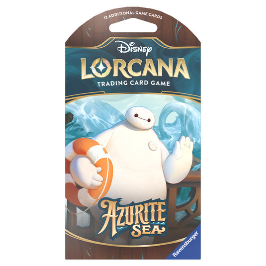 A front shot of the Lorcana Azruite Sea Sleeved Booster Featuring Baymax