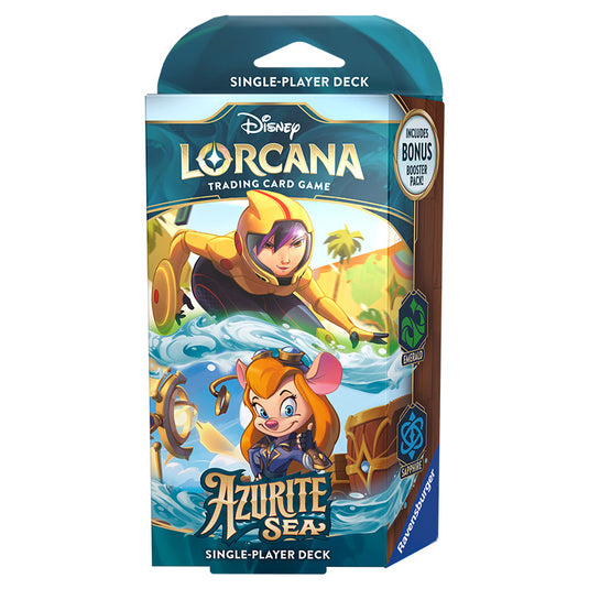 A front shot of the Lorcana Azurite Sea Single Player Starter Deck Featuring Go Go Tomago & Gadget Hackwrench