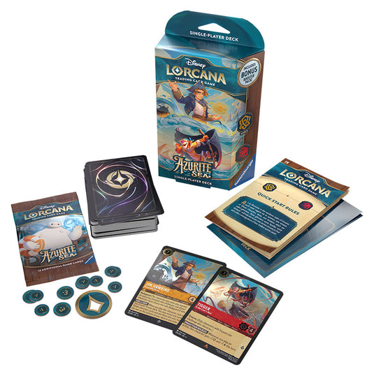 A look inside the Lorcana Azurite Sea Starter Deck Go Go Jim Hawkins & Tigger. You can see some counters, a 60 card deck, a rulebook and 2 foil promo cards featuring Jim Hawkins & Tigger