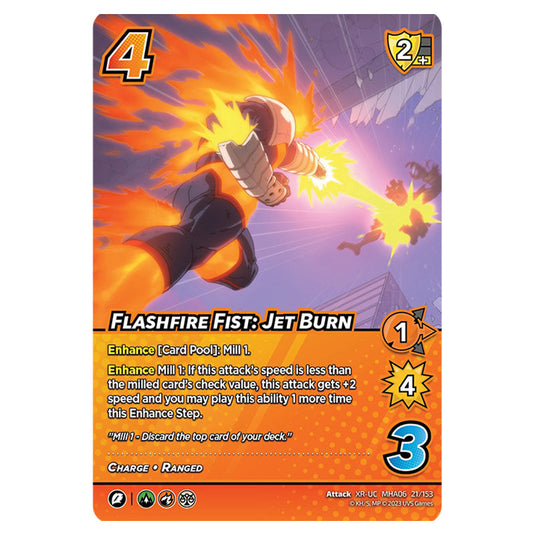 Flashfire Fist: Jet Burn card from the My Hero Academia set Jet Burn XR-UC MHA06 21/153