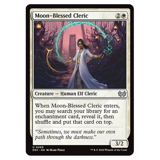 Moon-Blessed Cleric 069 card from the Magic The Gathering set Duskmourn: House of Horror Commander