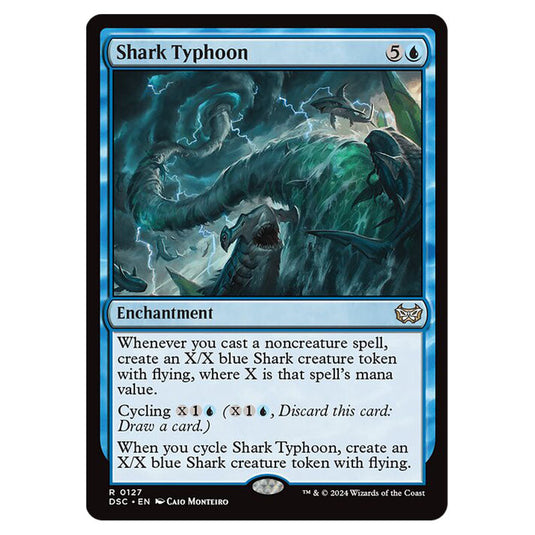 Shark Typhoon 127 card from the Magic The Gathering set Duskmourn: House of Horror Commander