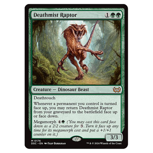 Deathmist Raptor 176 card from the Magic The Gathering set Duskmourn: House of Horror Commander