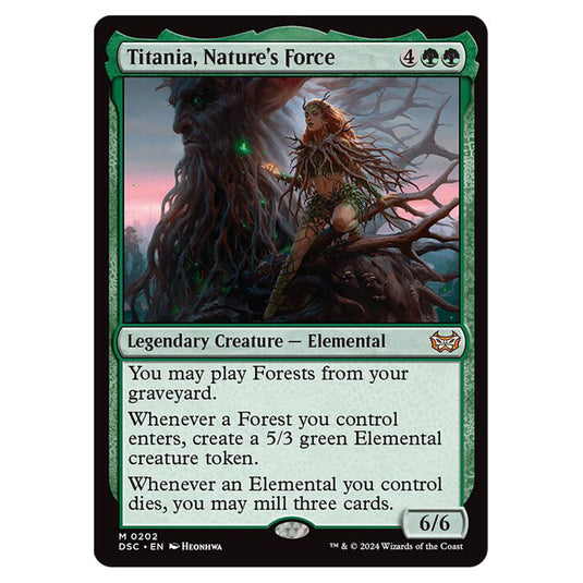 Titania, Nature's Force 202 card from the Magic The Gathering set Duskmourn: House of Horror Commander