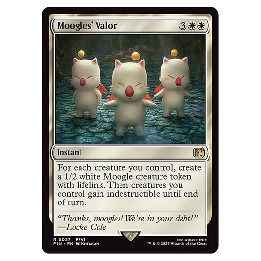 Moogles' Valor 0027 card from the Magic The Gathering set Universes Beyond - Final Fantasy