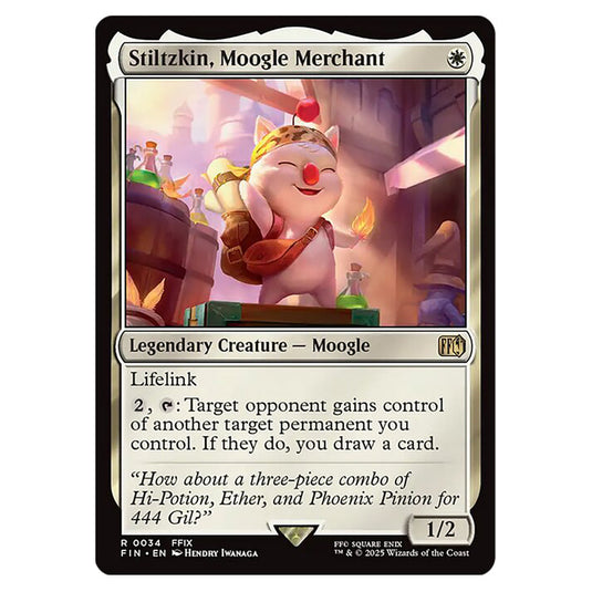 Stiltzkin, Moogle Merchant 0034 card from the Magic The Gathering set Universes Beyond - Final Fantasy