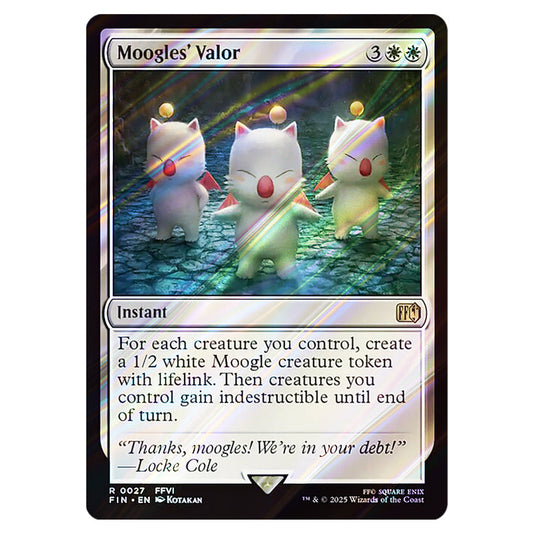 Moogles' Valor 0027 card from the Magic The Gathering set Universes Beyond - Final Fantasy