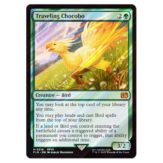 Traveling Chocobo 0210 card from the Magic The Gathering set Universes Beyond - Final Fantasy