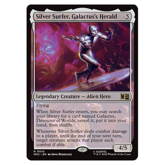 Silver Surfer, Galactus's Herald 0010 card from the Magic The Gathering set Marvel Super Heroes Commander