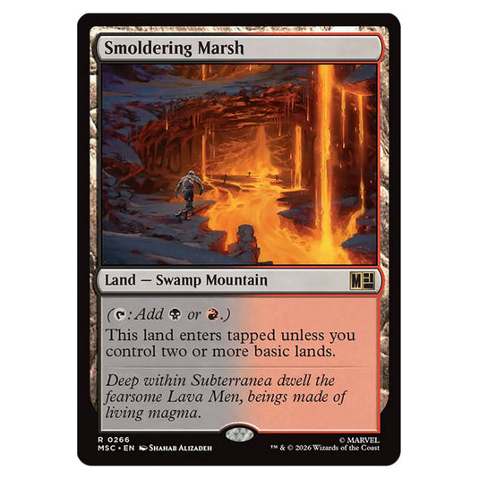 Smoldering Marsh 0266 card from the Magic The Gathering set Marvel Super Heroes Commander