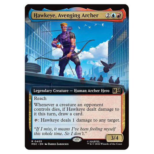 Hawkeye, Avenging Archer 0405 card from the Magic The Gathering set Marvel Super Heroes Commander