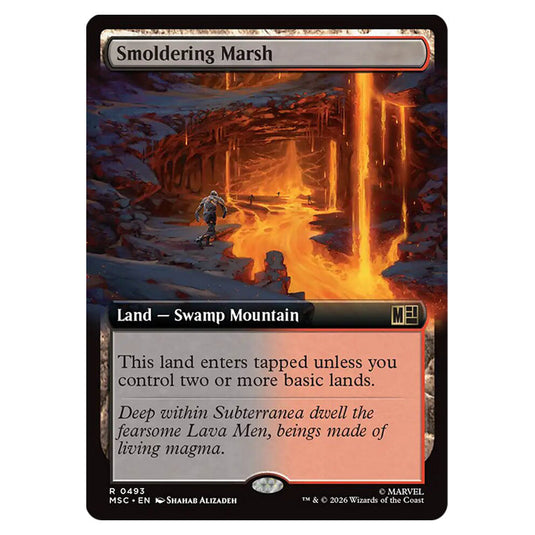 Smoldering Marsh 0493 card from the Magic The Gathering set Marvel Super Heroes Commander