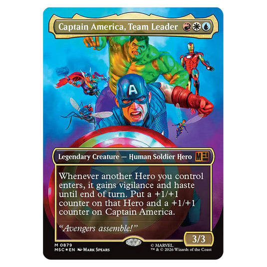 Captain America, Team Leader 0879 card from the Magic The Gathering set Marvel Super Heroes Commander