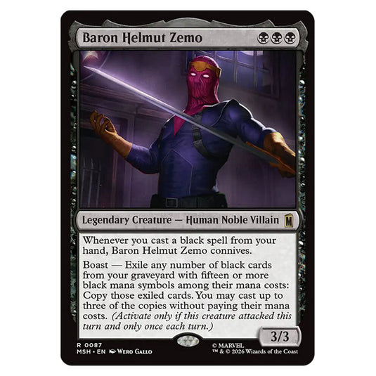 Baron Helmut Zemo 0087 card from the Magic The Gathering set Marvel Super Heroes