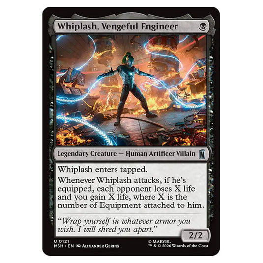 Whiplash, Vengeful Engineer 0121 card from the Magic The Gathering set Marvel Super Heroes