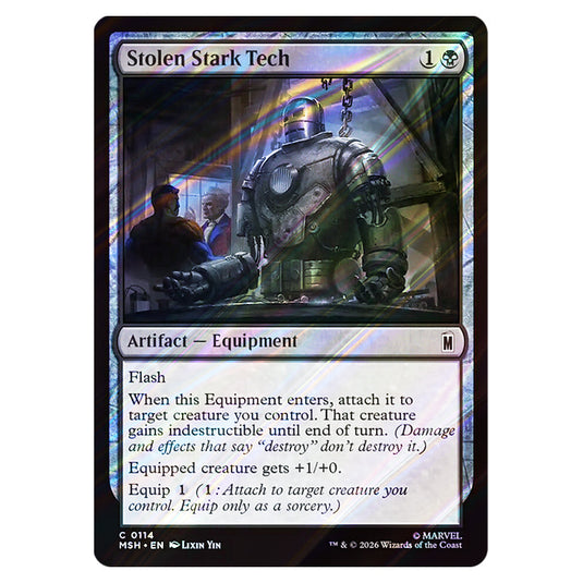 Stolen Stark Tech 0114 card from the Magic The Gathering set Marvel Super Heroes