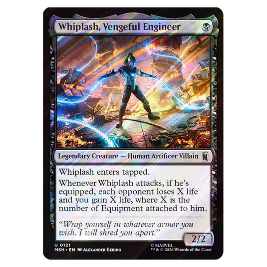 Whiplash, Vengeful Engineer 0121 card from the Magic The Gathering set Marvel Super Heroes