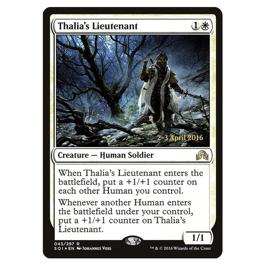 Thalia's Lieutenant 43s card from the Magic The Gathering set Shadows Over Innistrad Promos
