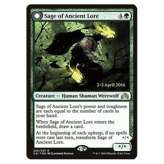 Sage of Ancient Lore // Werewolf of Ancient Hunger 225s card from the Magic The Gathering set Shadows Over Innistrad Promos