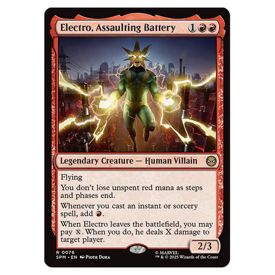 Electro, Assaulting Battery 0076 card from the Magic The Gathering set Marvel's Spider-Man