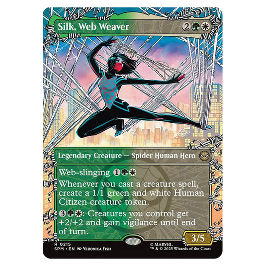 Silk, Web Weaver 0215 card from the Magic The Gathering set Marvel's Spider-Man