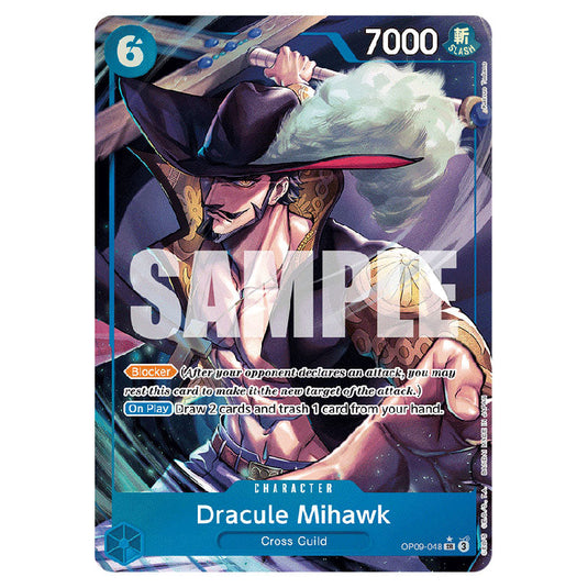 Dracule Mihawk OP09-048a card from the One Piece set Emperors In The New World