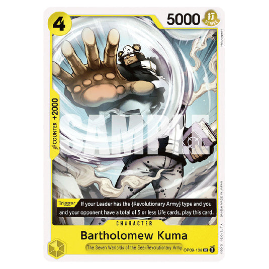 Bartholomew Kuma OP09-108 card from the One Piece set Emperors In The New World