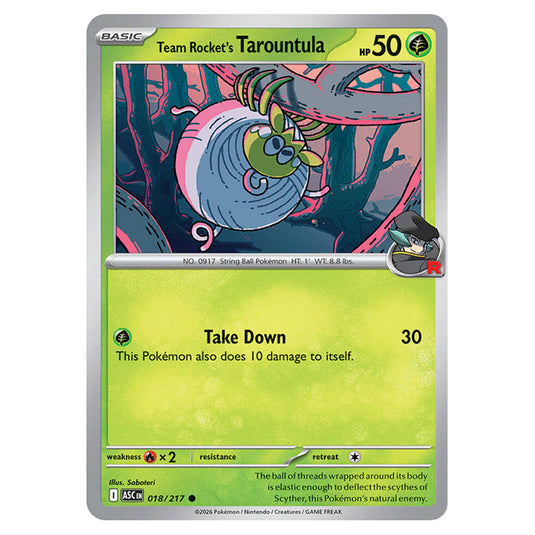 Team Rocket's Tarountula 018 card from the Pokemon set Ascended Heroes