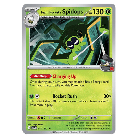 Team Rocket's Spidops 019 card from the Pokemon set Ascended Heroes