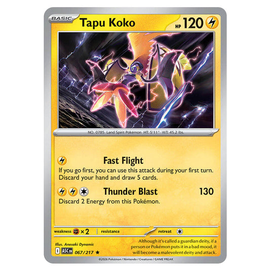 Tapu Koko 067 card from the Pokemon set Ascended Heroes
