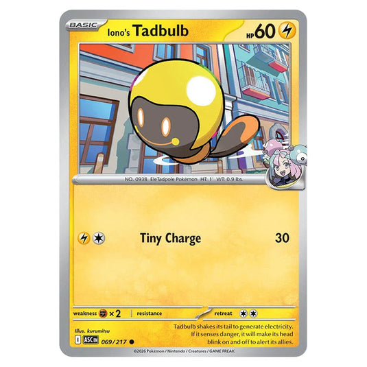 Iono's Tadbulb 069 card from the Pokemon set Ascended Heroes