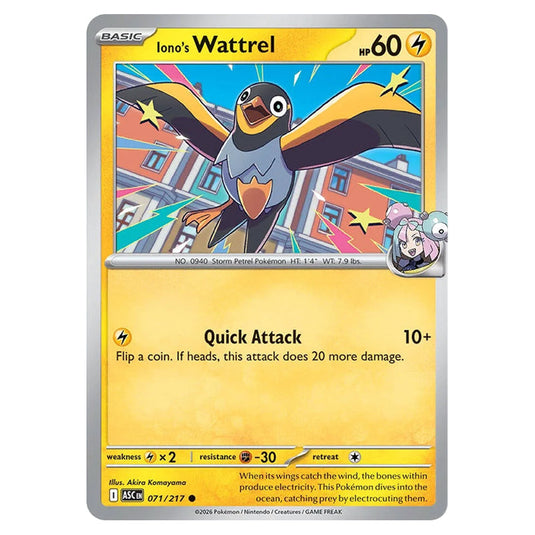 Iono's Wattrel 071 card from the Pokemon set Ascended Heroes