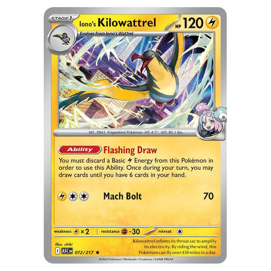 Iono's Kilowattrel 072 card from the Pokemon set Ascended Heroes