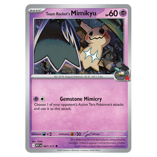 Team Rocket's Mimikyu 097 card from the Pokemon set Ascended Heroes