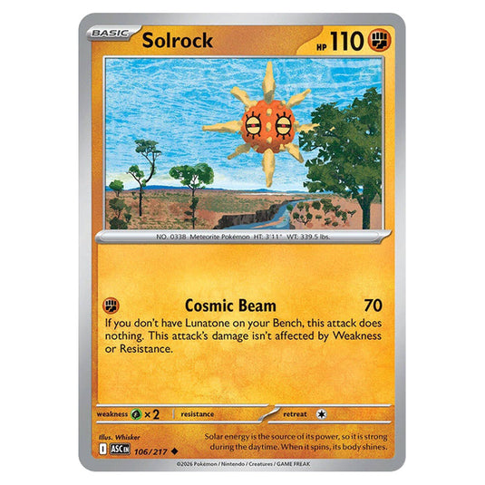 Solrock 106 card from the Pokemon set Ascended Heroes