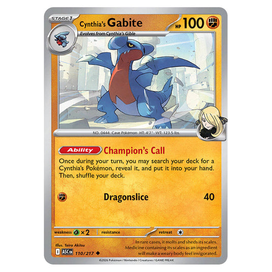 Cynthia's Gabite 110 card from the Pokemon set Ascended Heroes