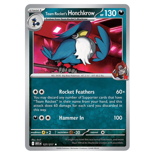 Team Rocket's Honchkrow 127 card from the Pokemon set Ascended Heroes