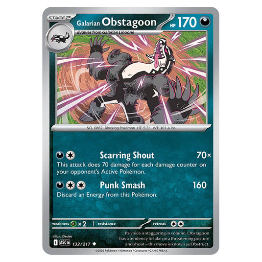 Galarian Obstagoon 132 card from the Pokemon set Ascended Heroes