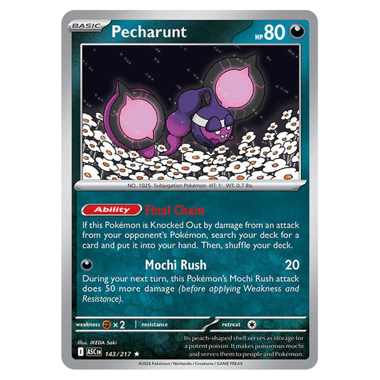Pecharunt 143 card from the Pokemon set Ascended Heroes