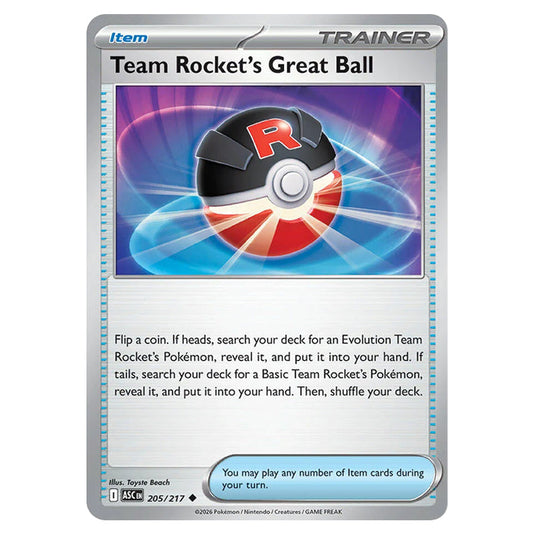 Team Rocket's Great Ball 205 card from the Pokemon set Ascended Heroes