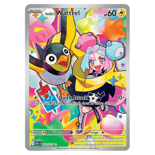 Iono's Wattrel 231 card from the Pokemon set Ascended Heroes