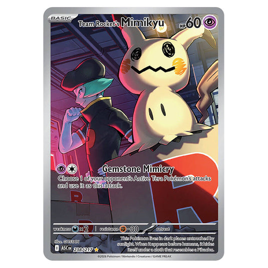Team Rocket's Mimikyu 238 card from the Pokemon set Ascended Heroes