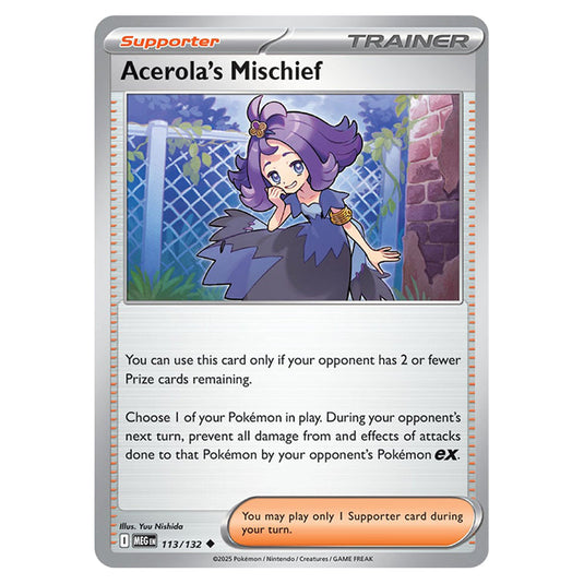 Acerola's Mischief 113 card from the Pokemon set Mega Evolution - Base Set