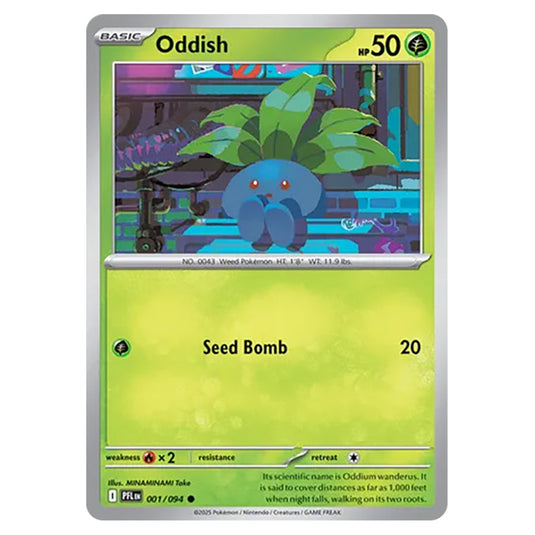 Oddish 001 reverse holo card from the Pokemon set Mega Evolution - Phantasmal Flames