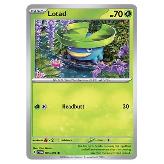 Lotad 005 reverse holo card from the Pokemon set Mega Evolution - Phantasmal Flames